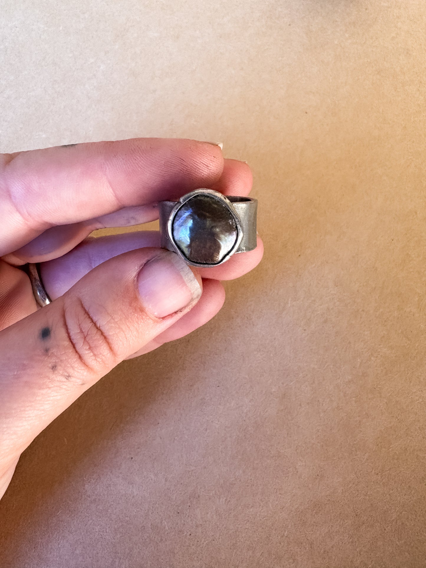 black green pearl wide band ring