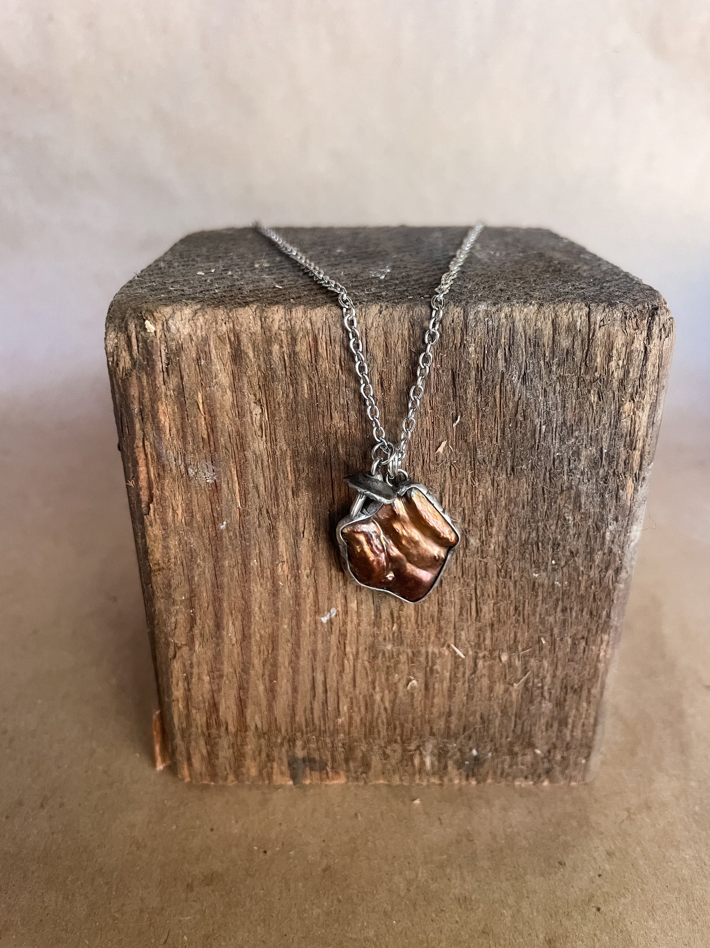 bronze pearl and mushroom necklace