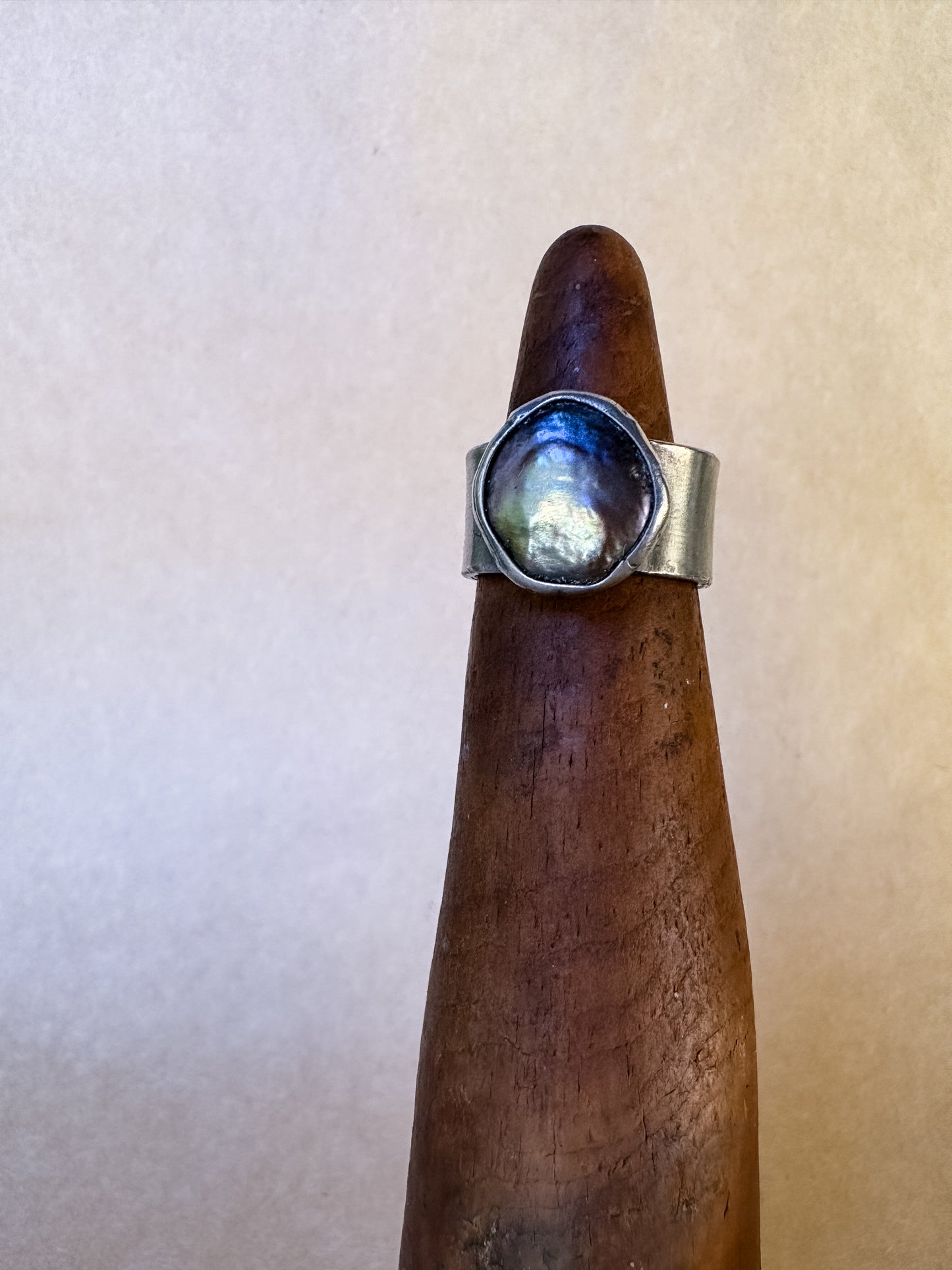 black green pearl wide band ring